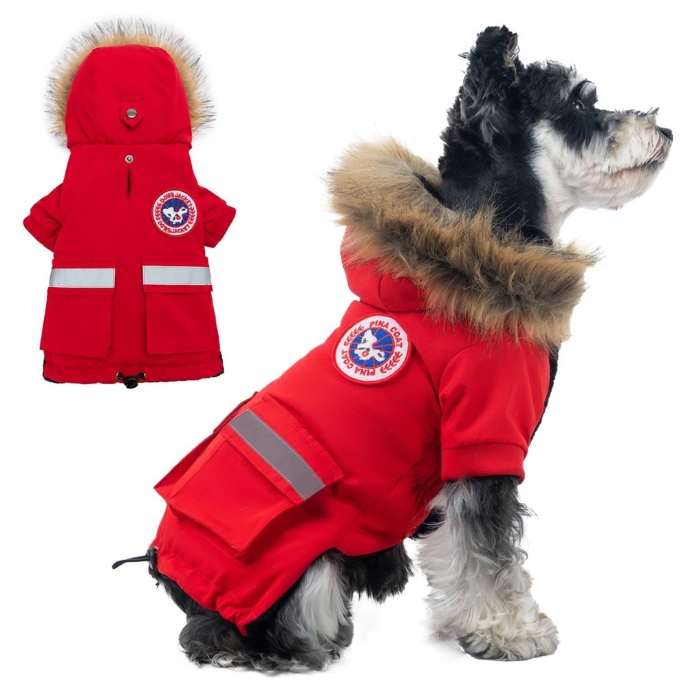 PINA Waterproof & Wind proof Warm Dog Coat. Faux Fur Hood. Red, Small. NWT
